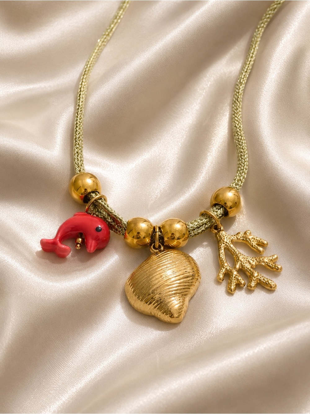 Coastal Red Dolphin Gold Charms Shell Motifs Cord Necklace